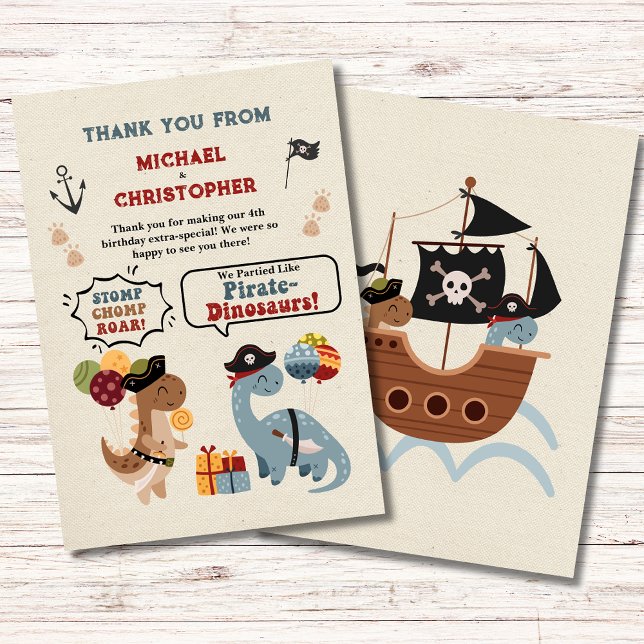 Stomp Chomp Roar Pirate Dinosaur Twin Boy Birthday Thank You Card (Say Thank You to the guests of your twin boys Chomp Stomp Roar Pirate Dinosaur Birthday Party.)
