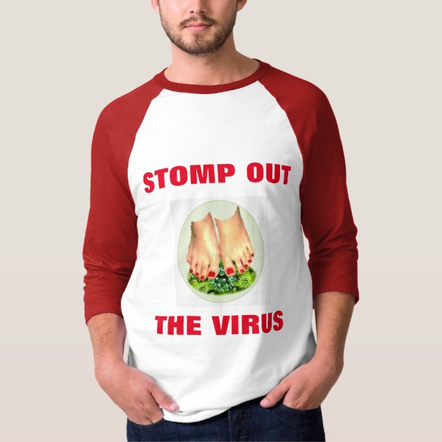 STOMP OUT THE VIRUS MEN'S RED AND WHITE SHIRT (Front)