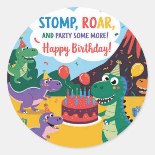 "Stomp, Roar & Party Some More- Dino Kids Design Classic Round Sticker