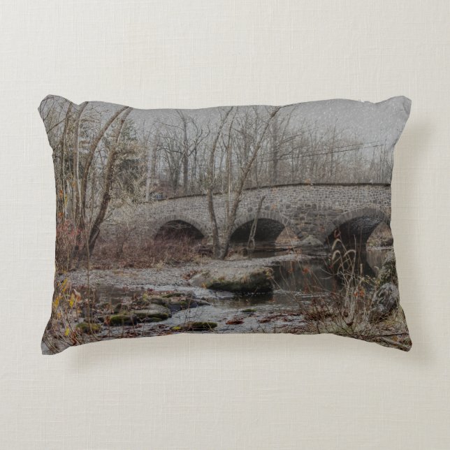 Stone Arch Bridge in Winter - Happy Holidays Decorative Cushion (Front)