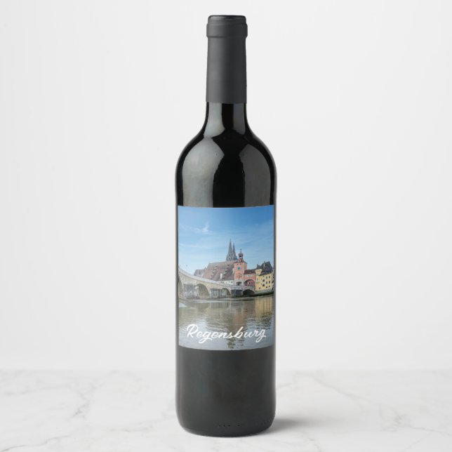 Stone Bridge in Regensburg, Germany Wine Label (Front)
