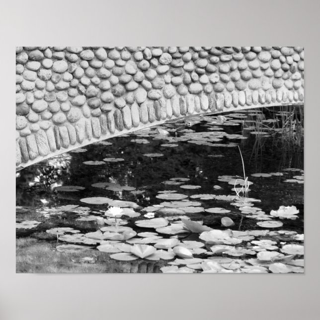 Stone Bridge Lily Pond Black And White  Poster (Front)