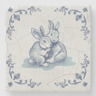 Stone Coaster Friendly Bunnies Delft Tile