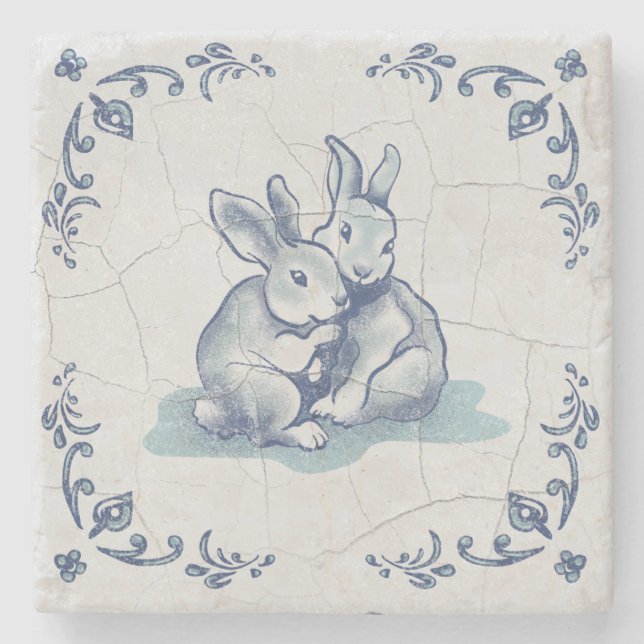 Stone Coaster Friendly Bunnies Delft Tile (Front)