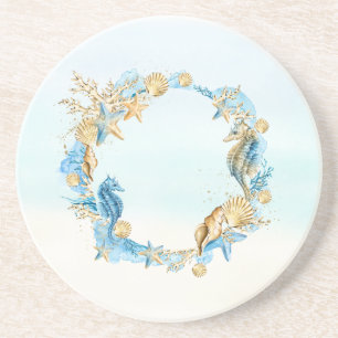 Stone Coaster Seashell Beach Theme Blue, Tan, Aqua