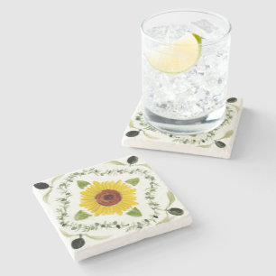 Stone coaster with olive and sunflower design