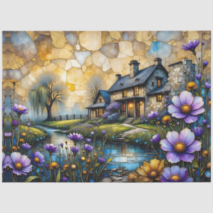 Stone Country Farmhouse in Floral Landscape Tissue Paper