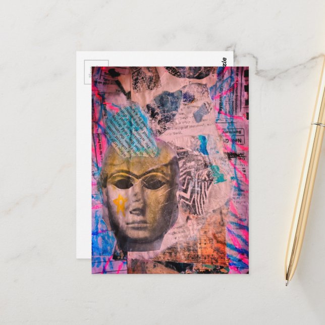 Stone face Abstract Mix Media Collage Colorful Postcard (Front/Back In Situ)