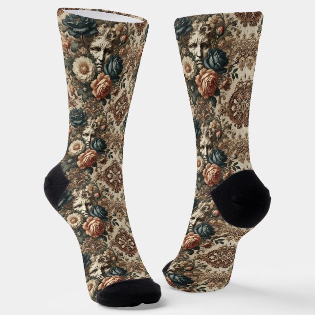 Stone Faces & Tired Nights – Gothic Tapestry Socks (Angled)