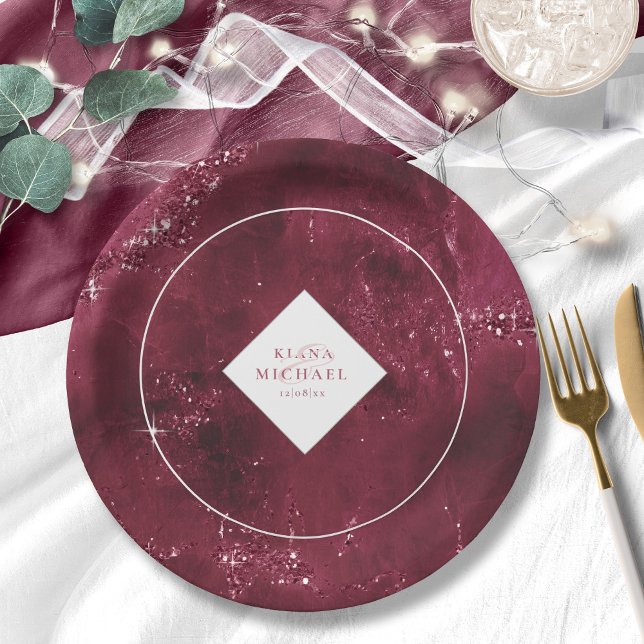 Stone Glitter Wedding Burgundy ID647 Paper Plate (Creator Uploaded)