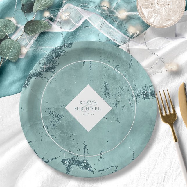 Stone Glitter Wedding Teal ID647 Paper Plate (Creator Uploaded)
