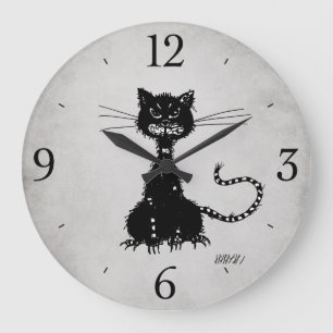 Stone Grey Ragged Evil Black Cat Large Clock