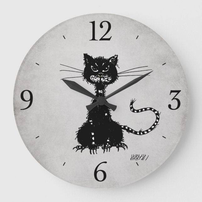 Stone Grey Ragged Evil Black Cat Large Clock (Front)