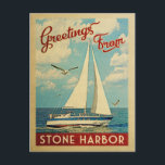 Stone Harbour Sailboat Vintage Travel New Jersey Postcard<br><div class="desc">This Greetings From Stone Harbour New Jersey vintage travel nautical design features a boat sailing on the water with seagulls and a blue sky filled with gorgeous puffy white clouds.</div>