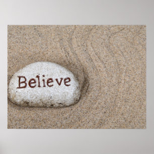 stone in sand with word Believe Poster