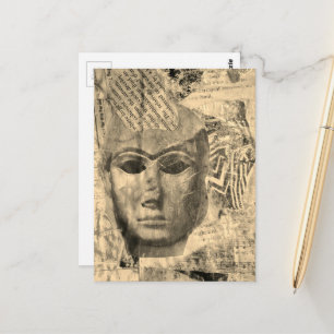 Stone lady face Abstract Mixed Media Collage Sepia Postcard