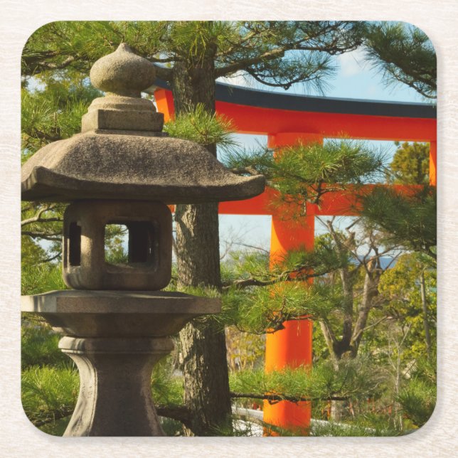 Stone Lantern and Torii Gate Square Paper Coaster (Front)
