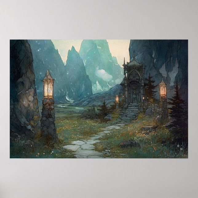 Stone path winding through sacred valley to shrine poster (Front)