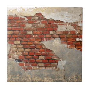 Stone wall of the old brick and plaster tile