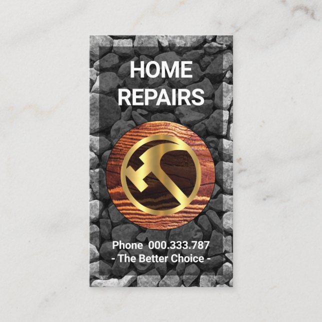 Stone Wall Timber Placard Gold Hammer Business Card (Front)