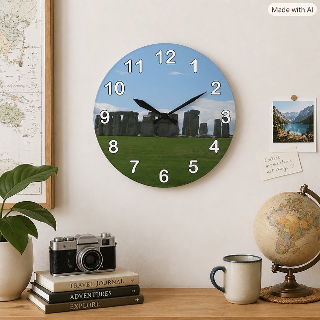 Stonehenge England Landscape Photography Large Clock (A clock with a photograph of Stonehenge and numbers.)
