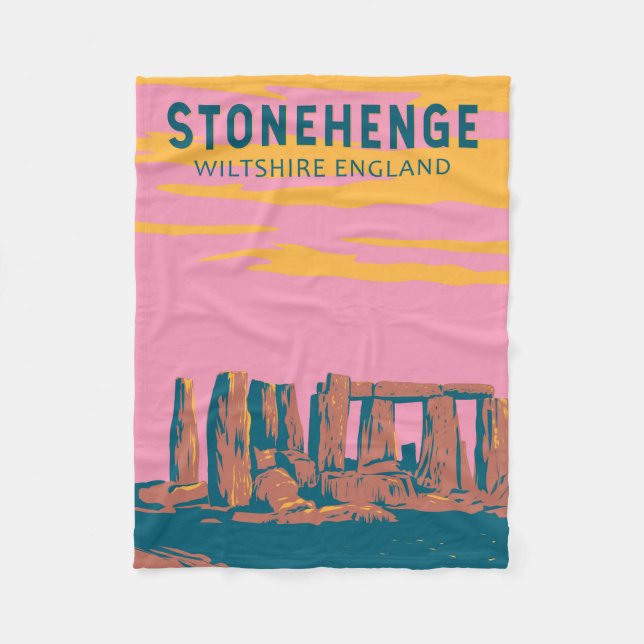 Stonehenge Travel Art Retro Illustration Fleece Blanket (Front)