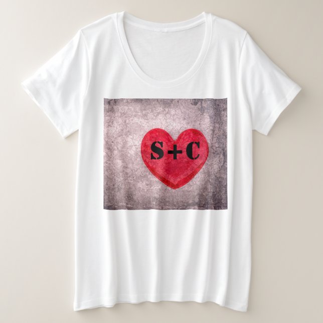 Stonewashed Heart Monogram Personalise Plus Size T-Shirt (Design Front)