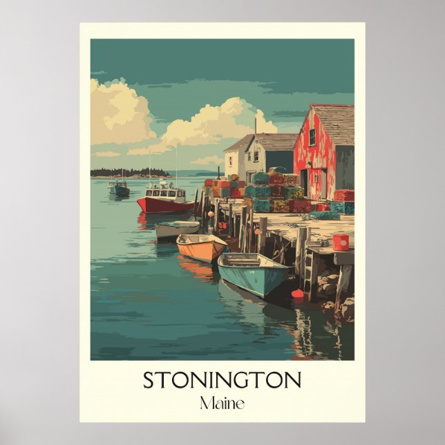 Stonington Maine Vintage Fishing Village Art Poster (Front)