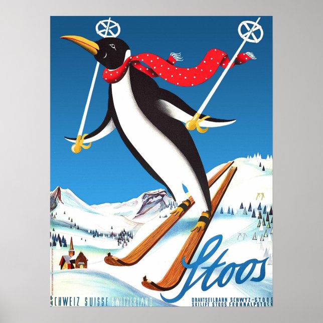 Stoos, Penguin on a ski, Switzerland mountains Poster (Front)