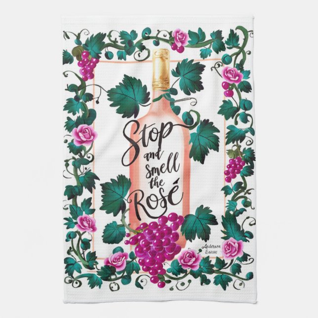 Stop and Smell the Rosé Custom Pink Vino Tea Towel (Vertical)