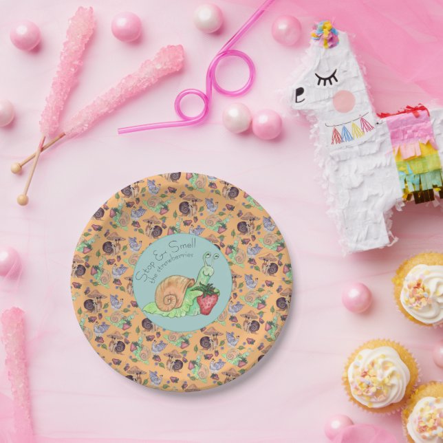 Stop and Smell the Strawberries Snail  Pattern Paper Plate (Party)