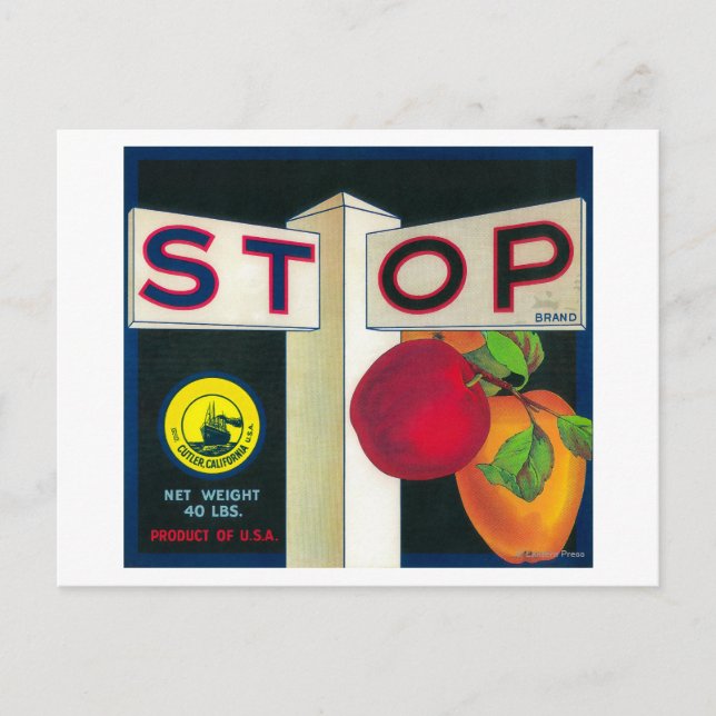 Stop Apple Crate LabelCutler, CA Postcard (Front)