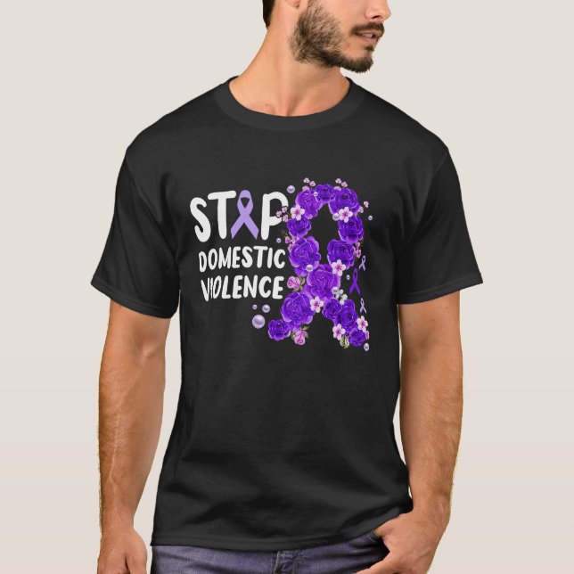 Stop Domestic Violence purple roses in ribbon look T-Shirt (Front)
