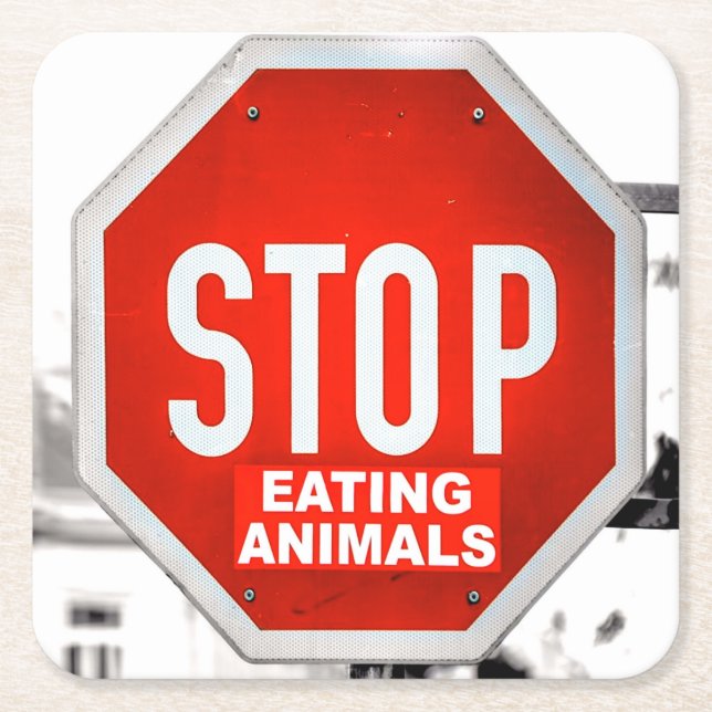Stop Eating Animals Vegetarian Vegan Square Paper Coaster (Front)