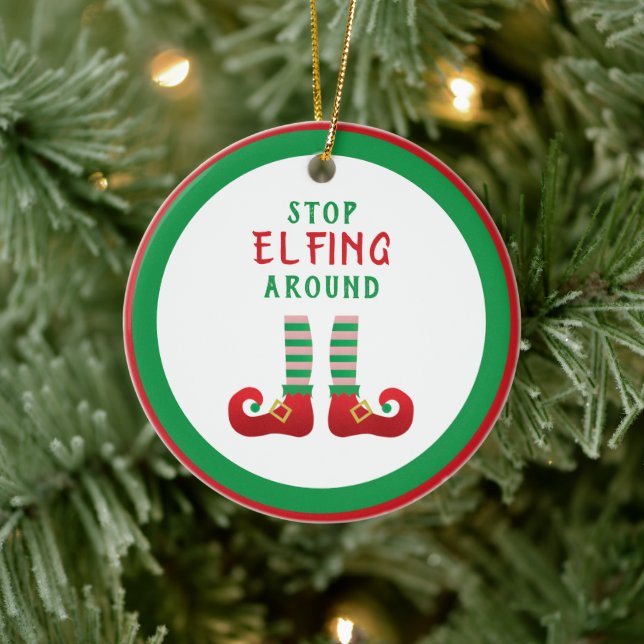 Stop Elfing Around Funny Christmas Saying Ceramic Tree Decoration (Tree)