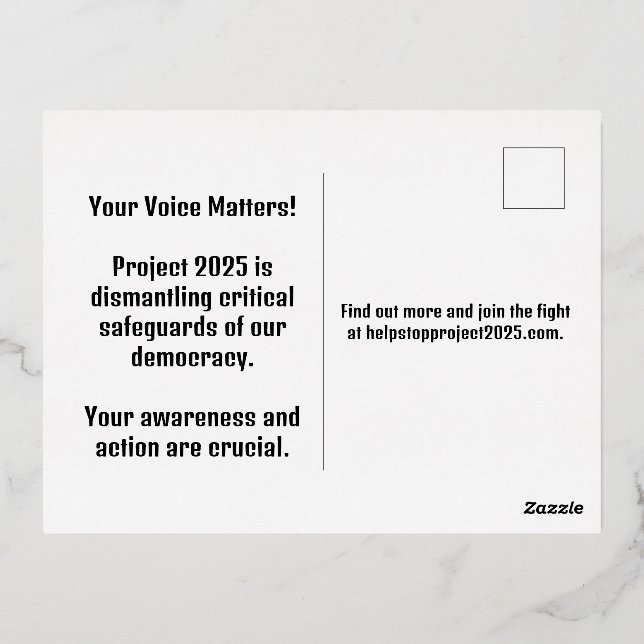 Stop Project 2025 - Defend Democracy - Vote Blue Foil Holiday Postcard (Back)