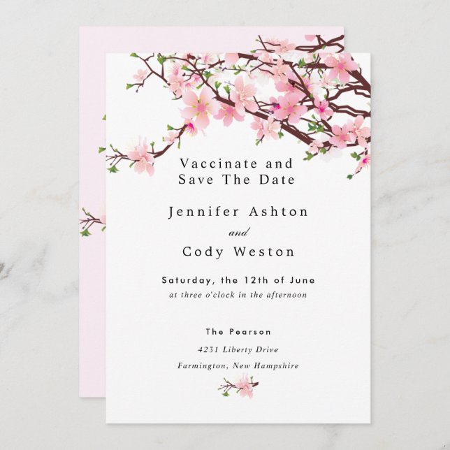 Stop Quarantine Vaccinate Cherry Blossom Wedding Save The Date (Front/Back)