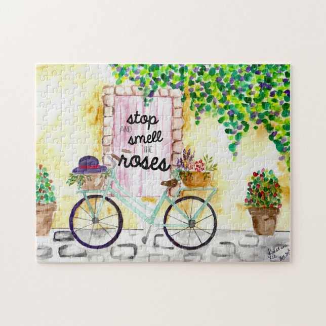 Stop & Smell the Roses Watercolor Flowers Bike Jigsaw Puzzle (Horizontal)