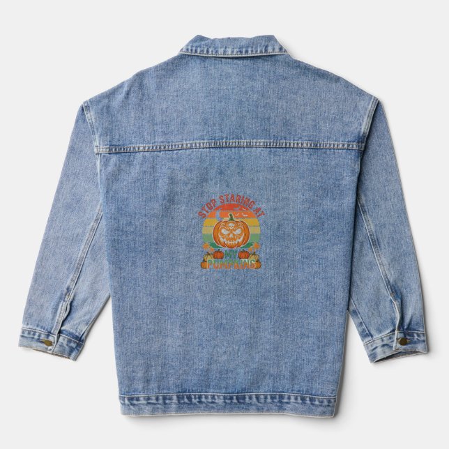 Stop Staring Pumpkins Halloween Skull Retro Sunset Denim Jacket (Back)