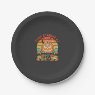 Stop Staring Pumpkins Halloween Skull Retro Sunset Paper Plate