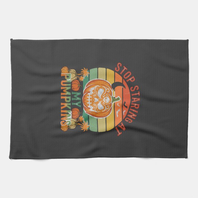 Stop Staring Pumpkins Halloween Skull Retro Sunset Tea Towel (Horizontal)