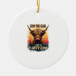 Stop The Car I See Fluffy Cow Retro Highland Cow p Ceramic Tree Decoration