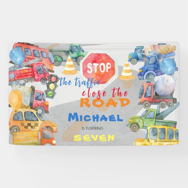 Stop the traffic close the road cars boy birthday banner (Horizontal)