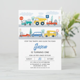 Stop The Traffic Colorful Transport 1st Birthday  Invitation
