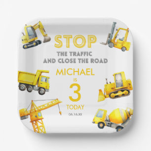 Stop The Traffic Construction Trucks Birthday Paper Plate
