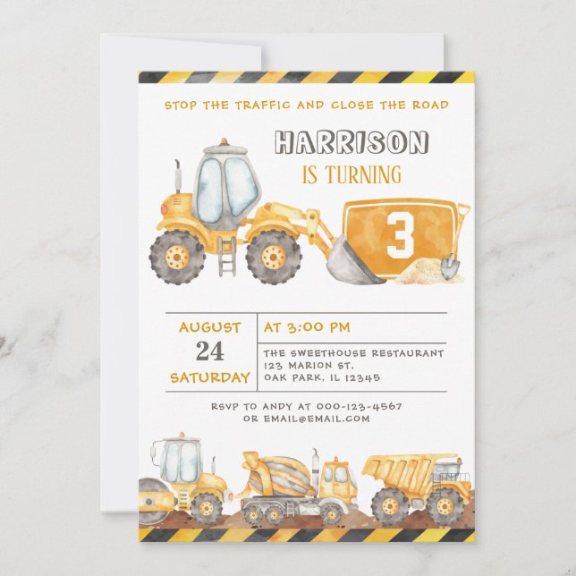 Stop The Traffic Construction Trucks Boy Birthday  Invitation (Front)