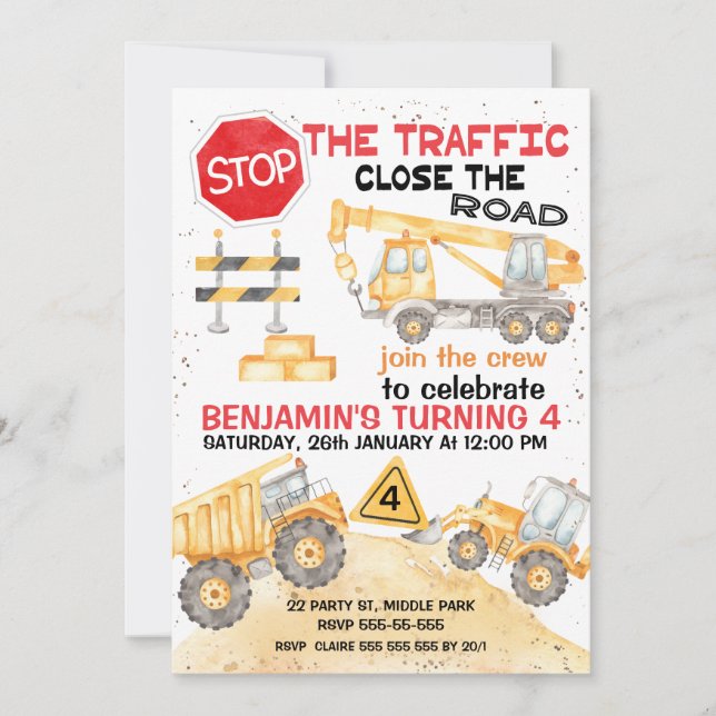 Stop The Traffic Road Construction Birthday Invitation (Front)