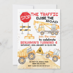 Stop The Traffic Road Construction Birthday Invitation