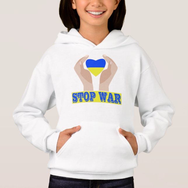 Stop war Ukrainian flag heart in hands (Front)