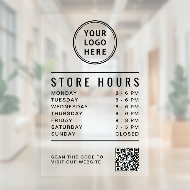 Store Hours QR Code Business Logo Clear (Minimalist Store Hours QR Code Business Logo Window Cling)